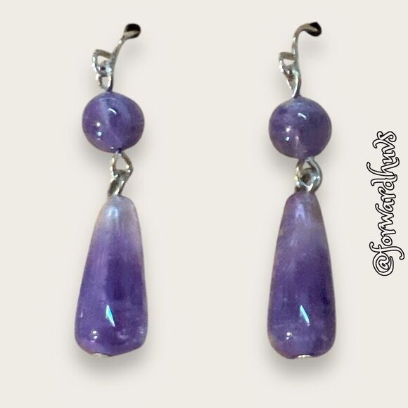 Elegant Amethyst Teardrop Dangle Earrings - Silver Tone - Picture 1 of 8
